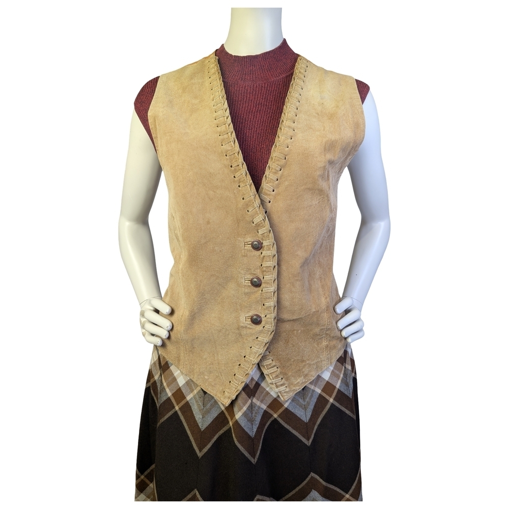 Vintage 70s Tan Suede Vest Whipstitch Western Boho Rodeo Button Front | Medium